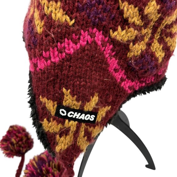 Handmade Chaos Knit Wool & Acrylic Earflap Hat With Pom-Poms - Picture 6 of 7